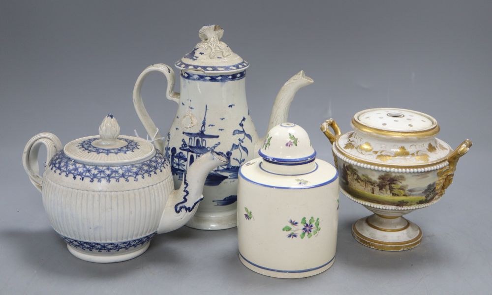 Two English blue and white tea / coffee pots, a Derby type pot pourri and a porcelain caddy